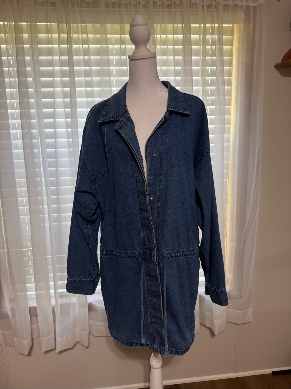 Women's Dark Blue Utility Denim Jacket - Casual Oversized Coat